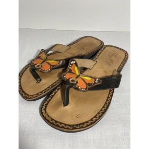 Anay Pe Womens Size 7 Tan Painted Butterfly Leather Sandals Made In Mexico